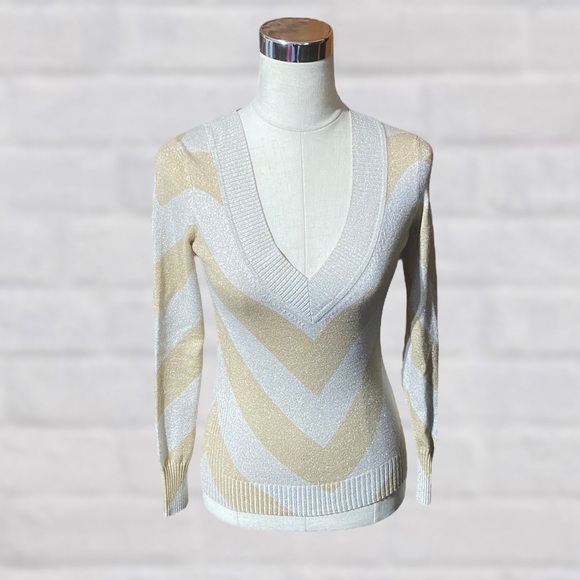 Express XS Gold Sparkle Two Tone Chevron Sweater - Picture 1 of 6